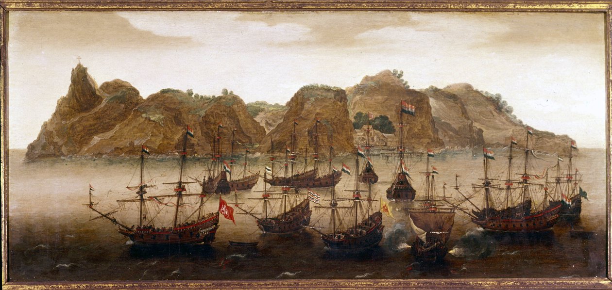 Den hollandske flåde ud for øen St. Helena. Oliemaleri. 17. århundrede. Søfartsmuseet i Amsterdam af Flemish School
