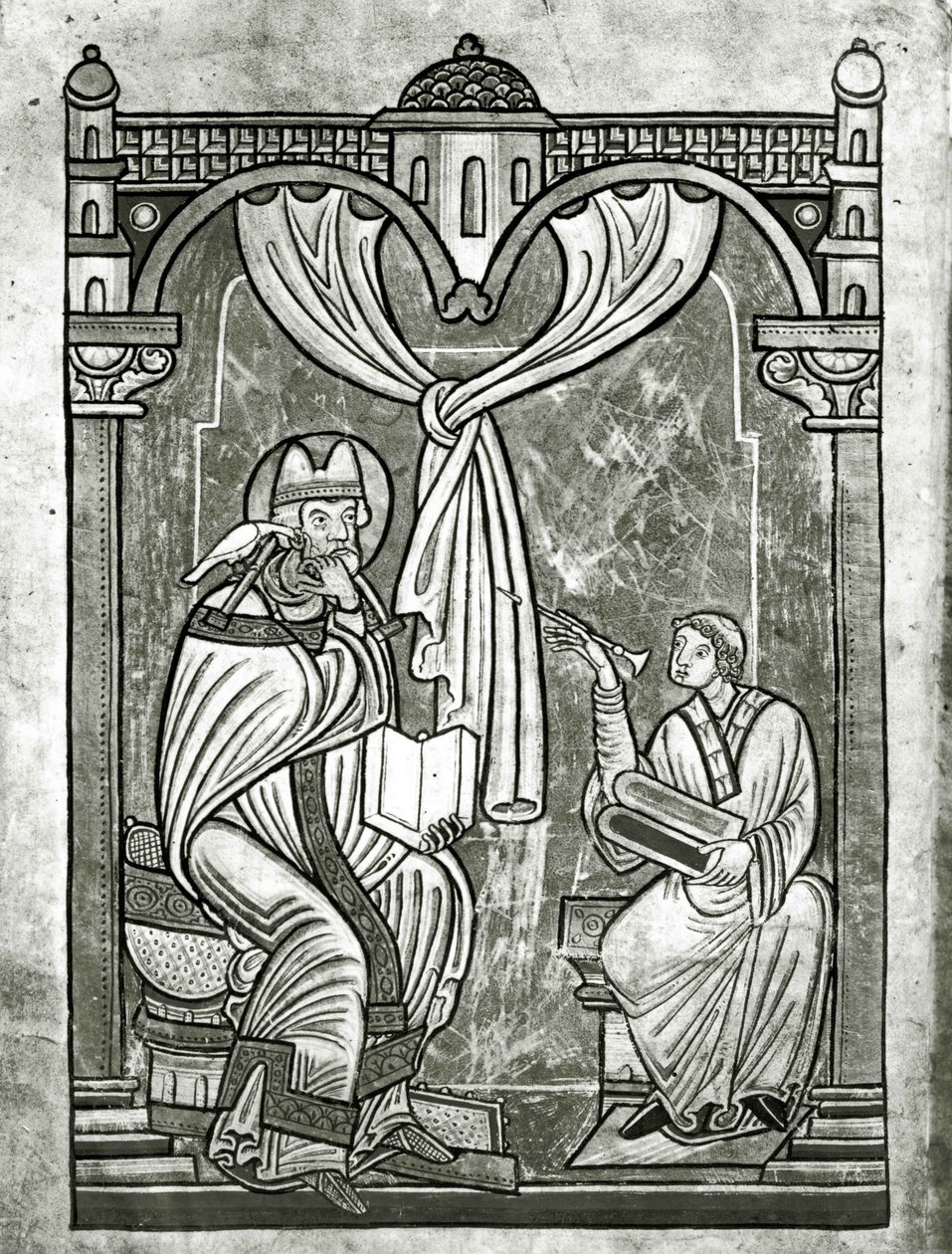 Skt. Gregors ekstase (ca. 540-604) skimtet af diakonen Peter gennem et gardin gennemboret af hans stilet af Flemish School