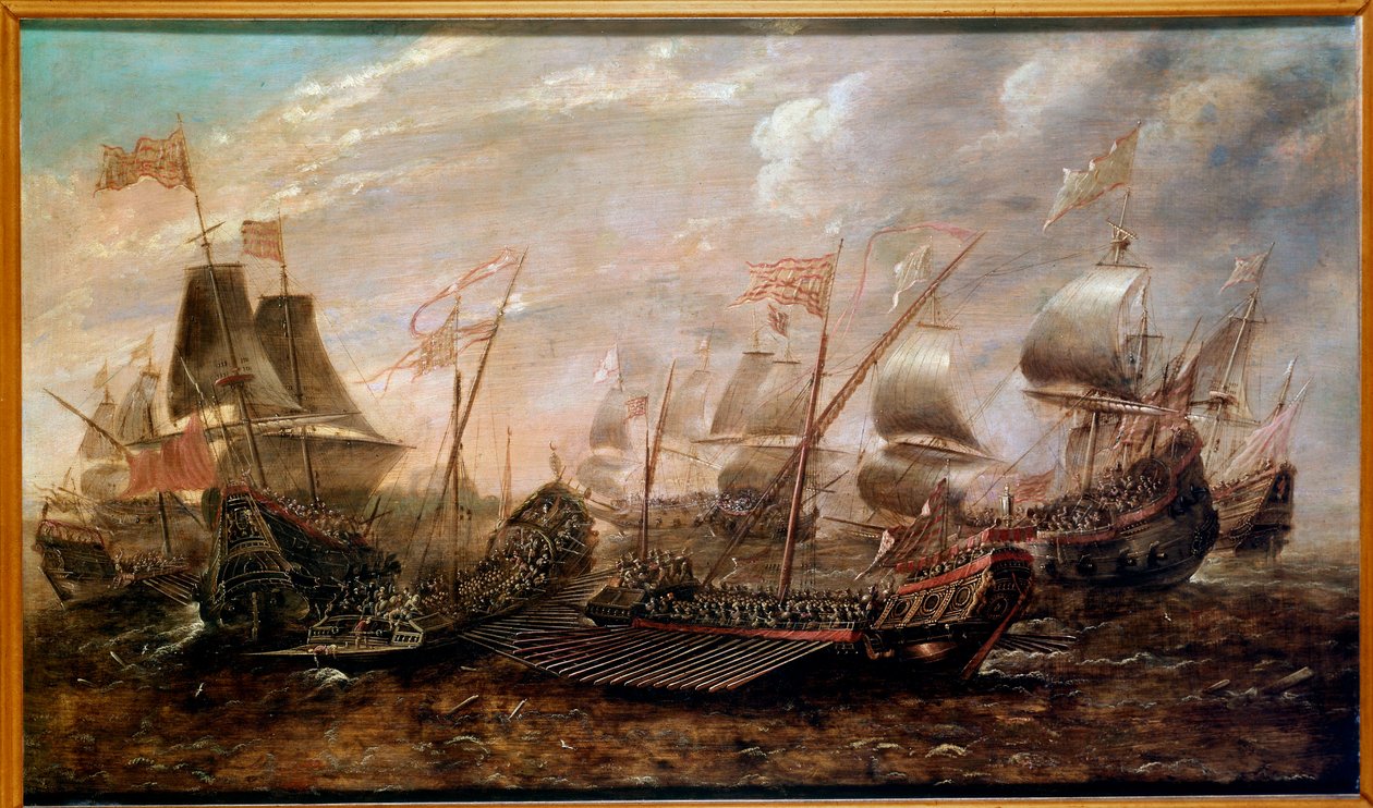 Det Invincible Armada søslag, der så den spanske armadas nederlag mod den engelske flåde i august 1588, flamsk skole af Flemish School
