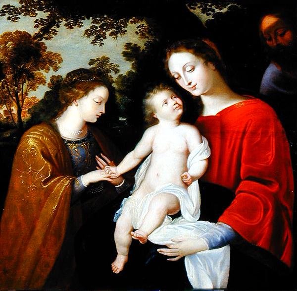 The Mystic Marriage of St. Catherine, ca. 1625-50 (olie på panel) af Flemish School