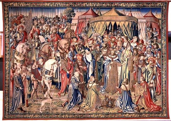 Præsentationen af det kongelige emblem, Davids og Batsebas billedtæppe, ca. 1510-15 (tæppe) af Flemish School