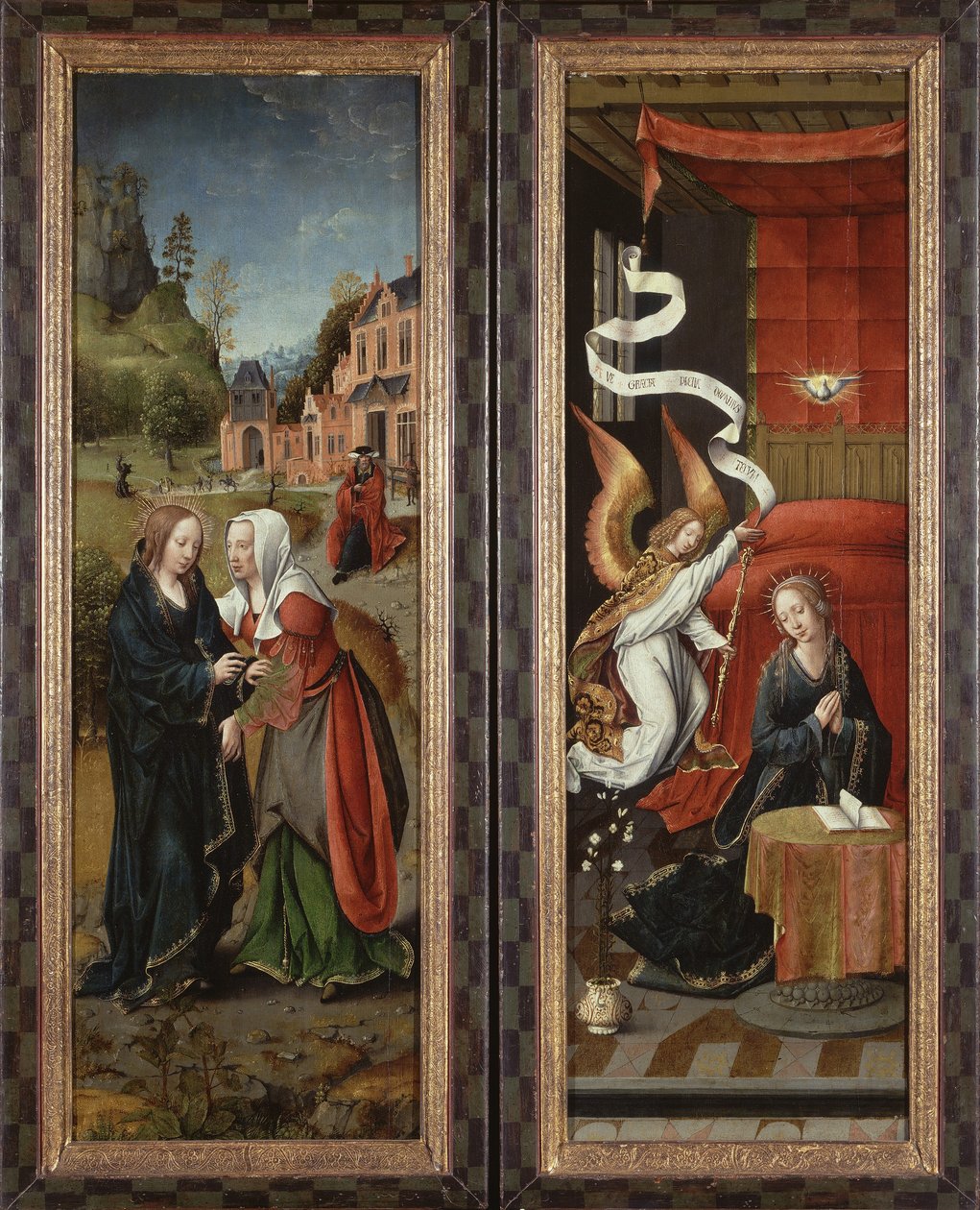 Visitationen og bebudelsen (olie på panel) af Flemish School