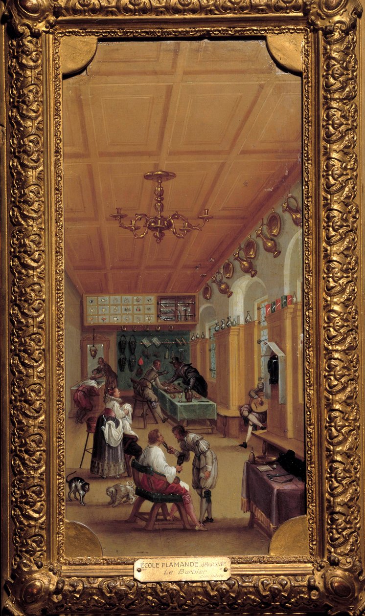 Barbersalonen”” Maleri af den flamske skole. begyndelsen af det 17. århundrede. Dijon, Museum of Fine Arts af Flemish School