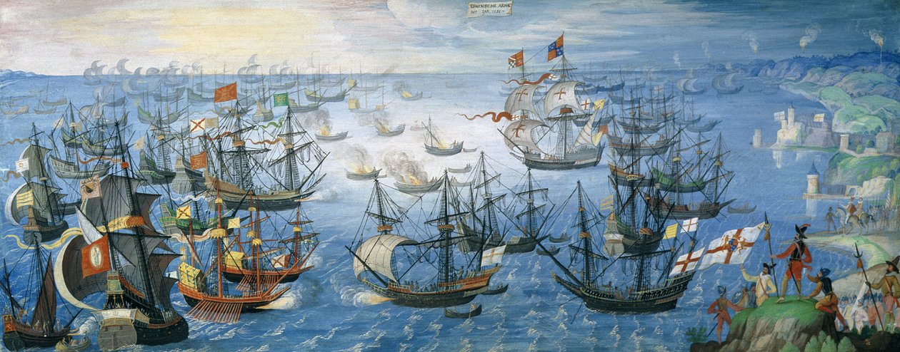 Udsendelsen af engelske ildskibe på den spanske flåde ud for Calais med dronning Elizabeth I (1533-1603) til hest på land, natten til den 7. august 1588, ca. 1605 (gouache på vellum forhøjet med af Flemish School