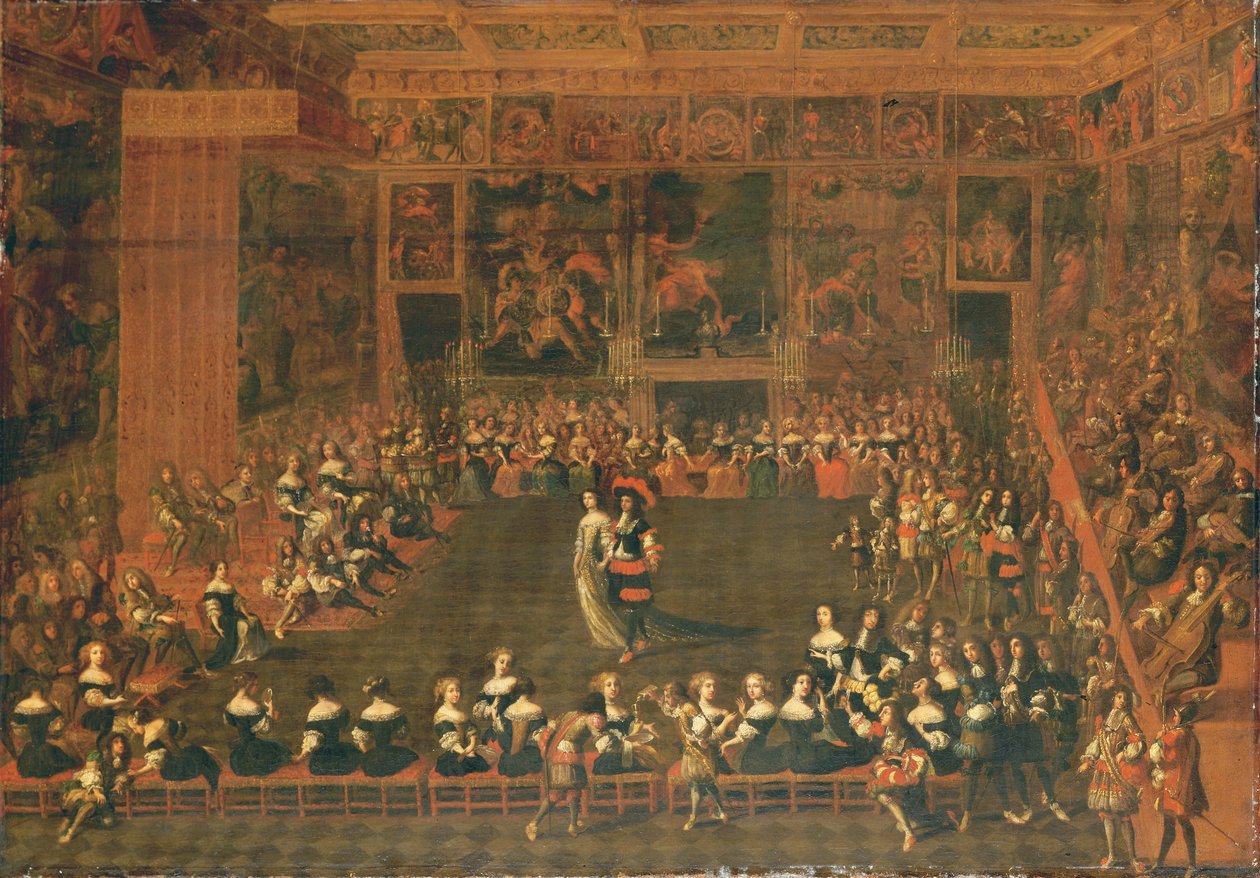 Åbningen af et bal i et paladsagtigt forsamlingslokale, ca. 1660-70 af Flemish School