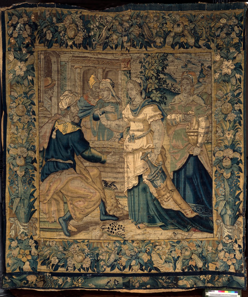 Universitetets samlinger. flamsk gobelin. Jethros døtre fortæller deres far om mødet med Moses. Oudenaarde. Omkring 1550. af Flemish School
