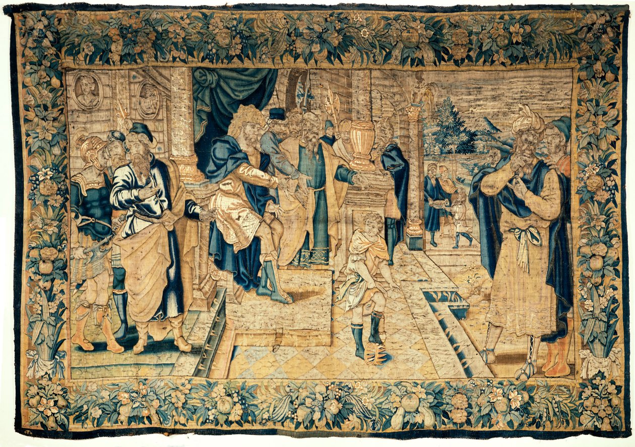 Universitetets samlinger. flamsk gobelin. Moses knækker Faraos krage. Oudenaarde. 350x510 cm. Omkring 1550. af Flemish School