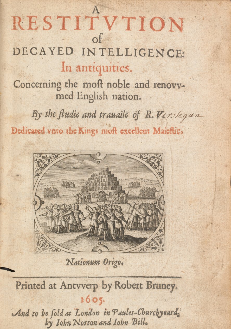 Titelside til Restitution of Decayed Intelligence af Richard Verstegam, Antwerpen, 1605 af Flemish School