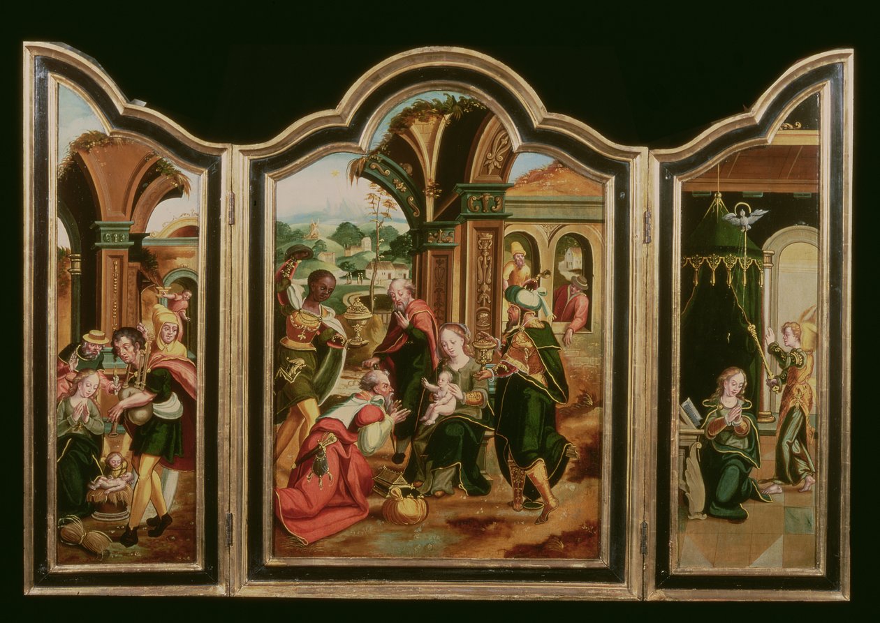 Triptykon: Magiernes tilbedelse (centralpanel), bebudelse (LH panel), tilbedelse af hyrderne (RH panel) af Flemish School