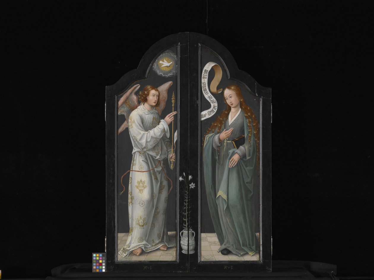 Triptykon med Jomfruen og Barnet, St. Barbara og St. Catherine (olie på træ) af Flemish School