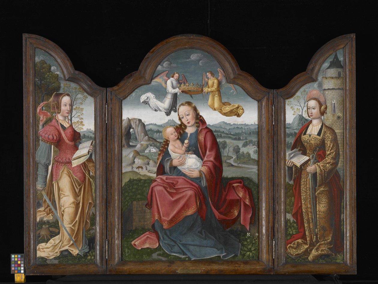 Triptykon med Jomfruen og Barnet, St. Barbara og St. Catherine (olie på træ) af Flemish School