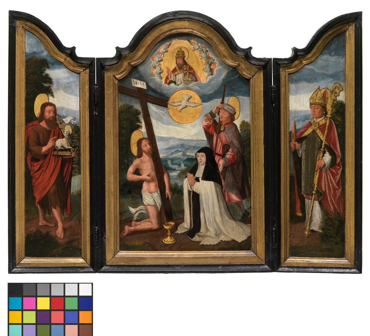 Triptykon med den hellige treenighed, en hospitalssøster og skytshelgen (olie på panel) af Flemish School