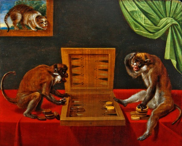 To aber, der spiller Tric Trac på et bord (olie på panel) af Flemish School