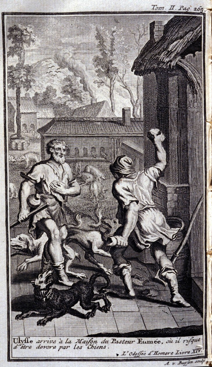 Ulysses ankommer til pastor Eumees hus, eller han kan blive forkælet af hunde. Illustration til bog XIV de l