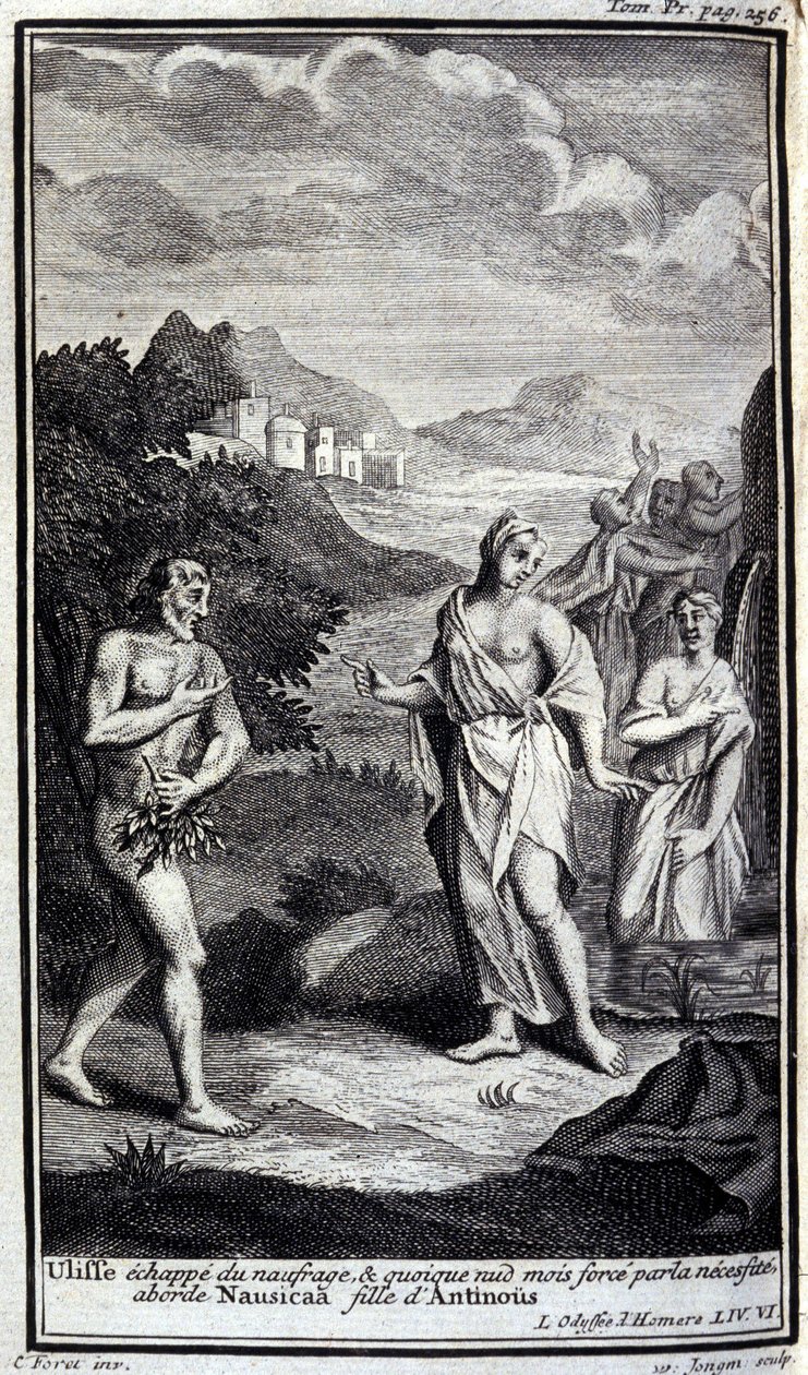 Ulysses flygter fra skibsvraget, og selvom han er nøgen, men med magt, nærmer han sig Nausicaa, datter af Antinous (Antinoos). Illustration til bog VI af Odyssee of Homere, i Odyssee, udgivet i Amsterdam i 1731, Milano. af Flemish School