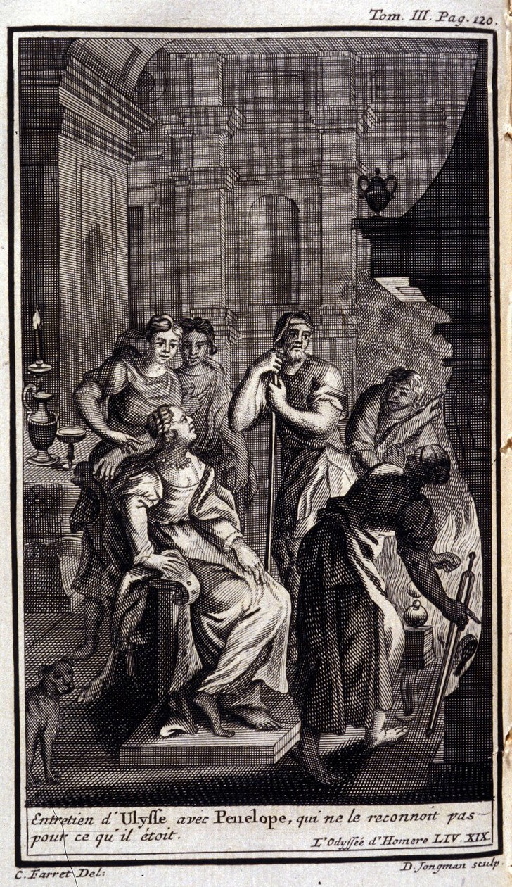 Ulysses interview med Penelope, som ikke genkender ham for, hvad han var. Lilustration til bogen XIX af Odyssee af Homere, i Odyssee, udgivet i Amsterdam i 1731, Collection privee Milan. af Flemish School