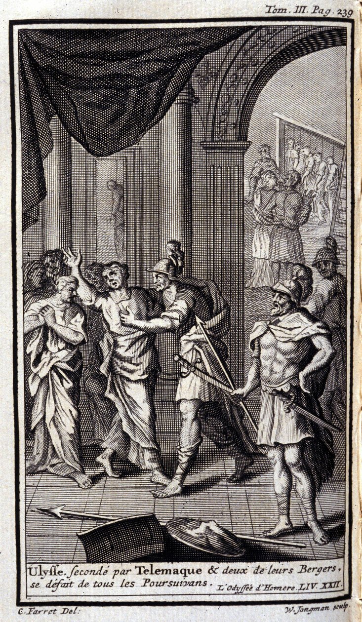 Ulysses næst efter Telemaque og to af deres hyrder opløste alle forfølgerne. Lustration til XXII bog af Odyssee af Homere, i Odyssee, udgivet i Amsterdam i 1731, Collection privee Milan. af Flemish School