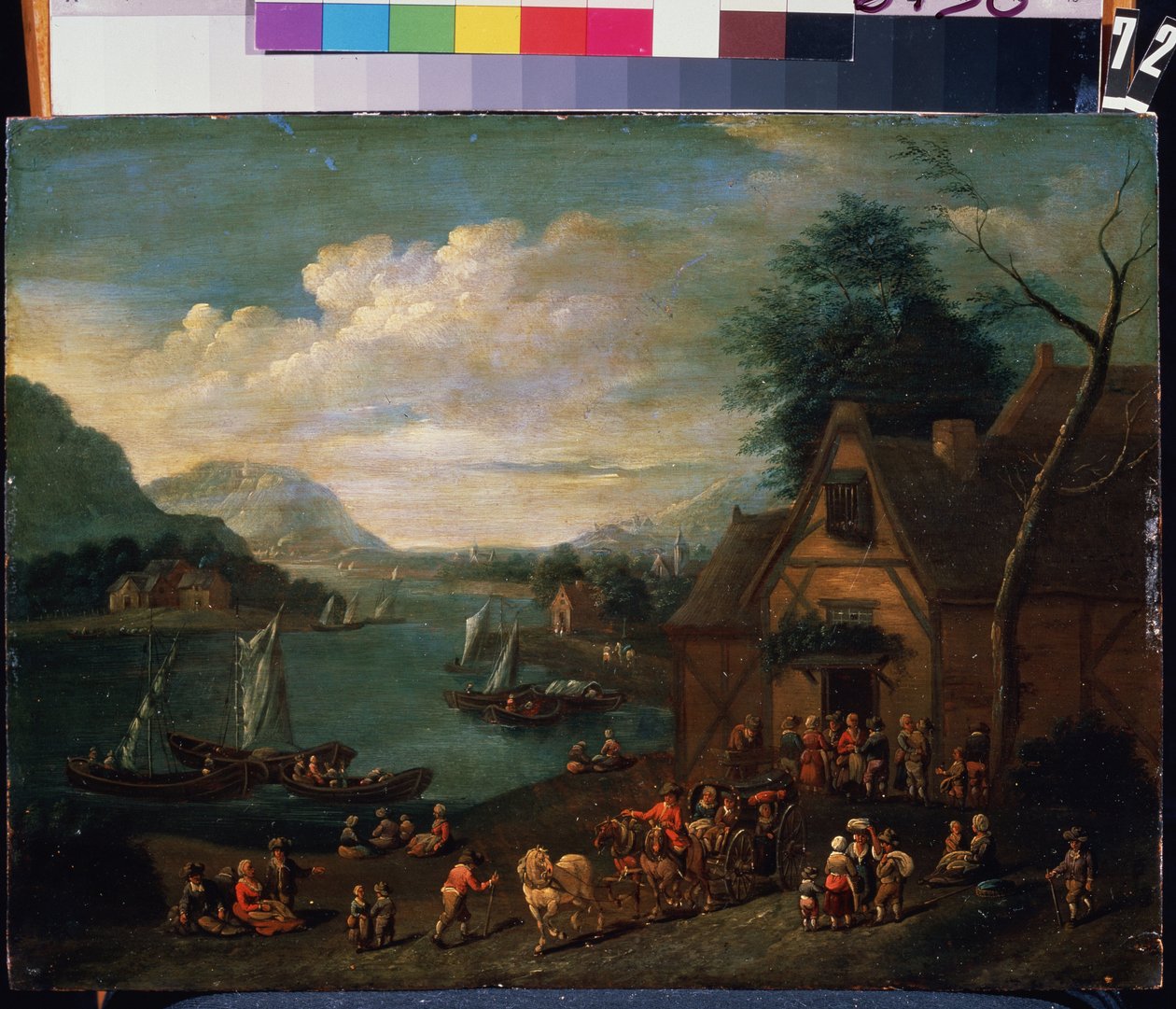 En værtshus ved kysten. Maleri af en flamsk mester, olie på træ, 30 x 35 cm. Flamsk skole i det 16.-18. århundrede. State Museum Arkhangelskoye Estate, Moskva. af Flemish School