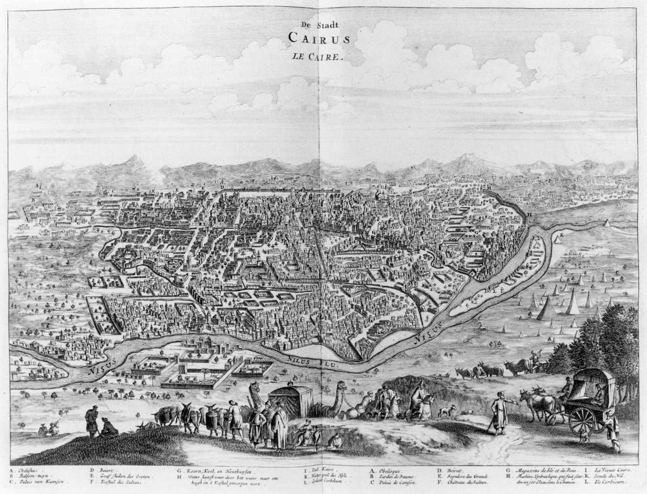 Udsigt over Kairo fra Nilens vestbred, fra Description de lAfrique af O. Dapper, oversat fra flamsk, udgivet 1686 af Flemish School
