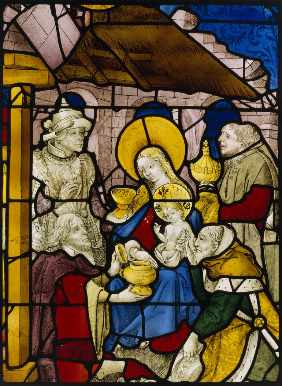 Vindue, der viser Kongernes tilbedelse (farvet glas) af Flemish School