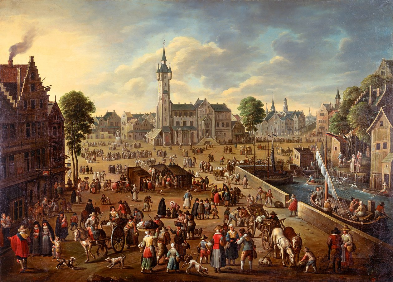 Byudsigt over hovedtorvet i Lier, ca 1620-1625 af Flemish master