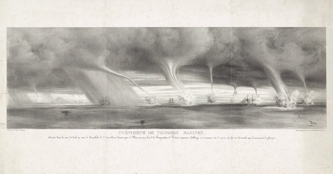 Waterhozen op zee bij Sicilien, 1827 Fænomen med vandudløb, observeret i Siciliens hav, i syne af Stromboli, 27. juni 1827 (titel på objekt) af Félix Achille Beaupoil Saint Aulaire