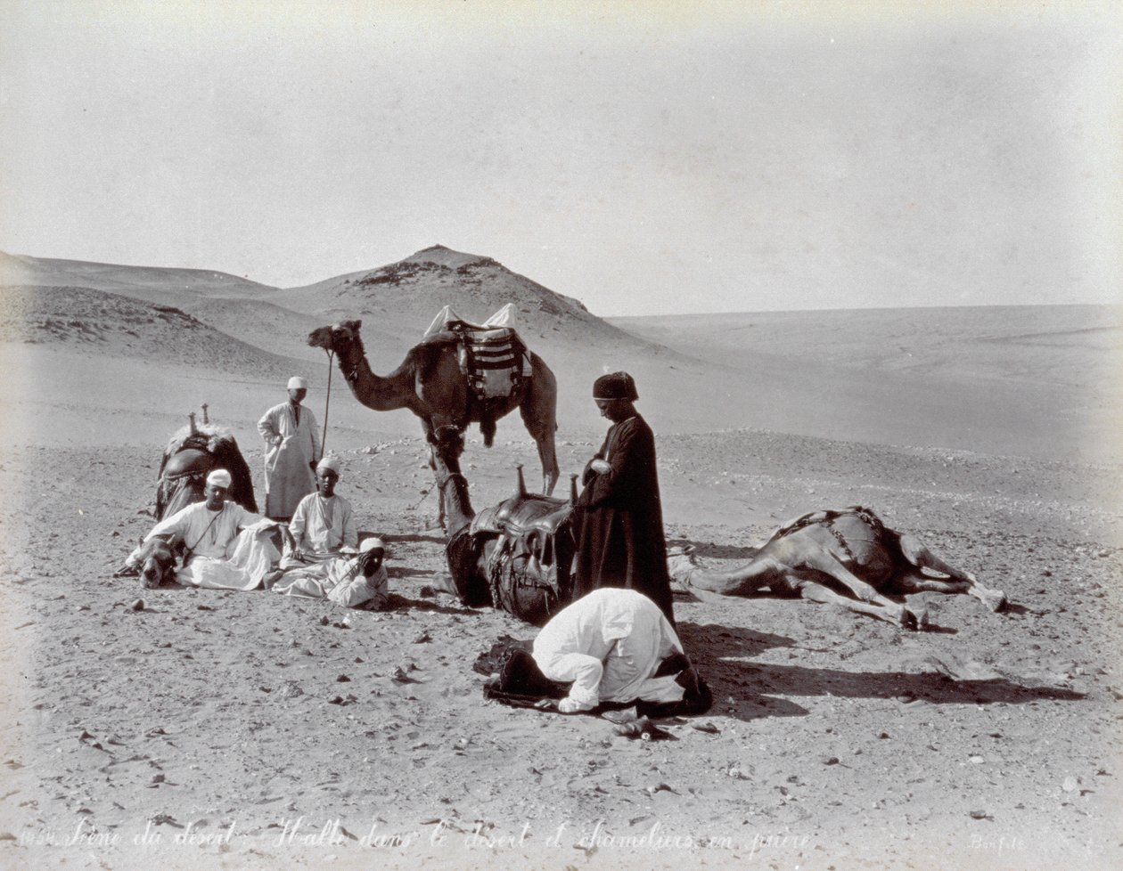 Egyptiske camelere under en pause i ørkenen. I forgrunden ser to medlemmer af den lille gruppe ud til at bede. af Félix Bonfils