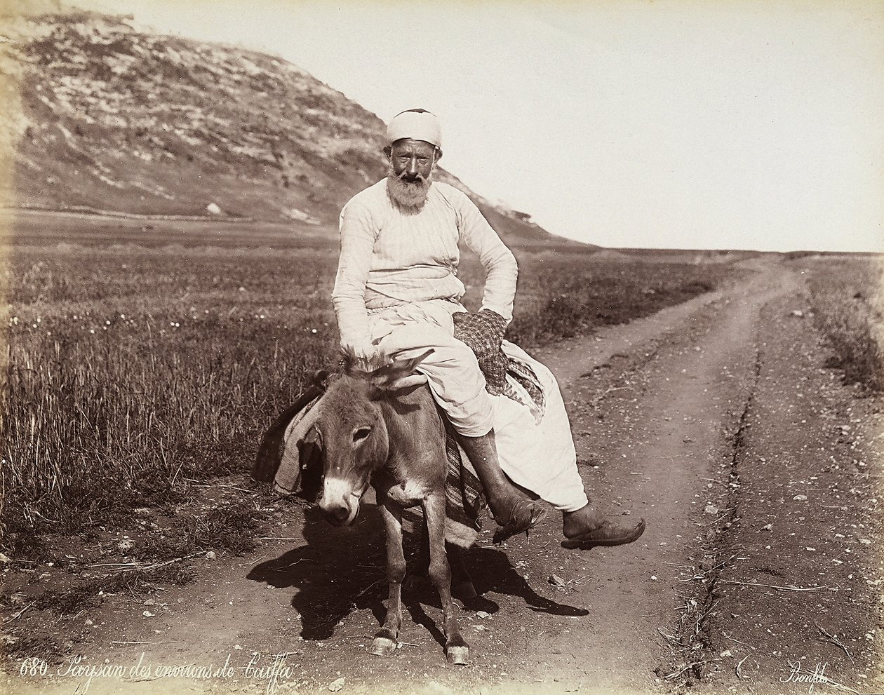 Portræt af en bonde fra omkring Haifa. Manden rider på et æsel af Félix Bonfils