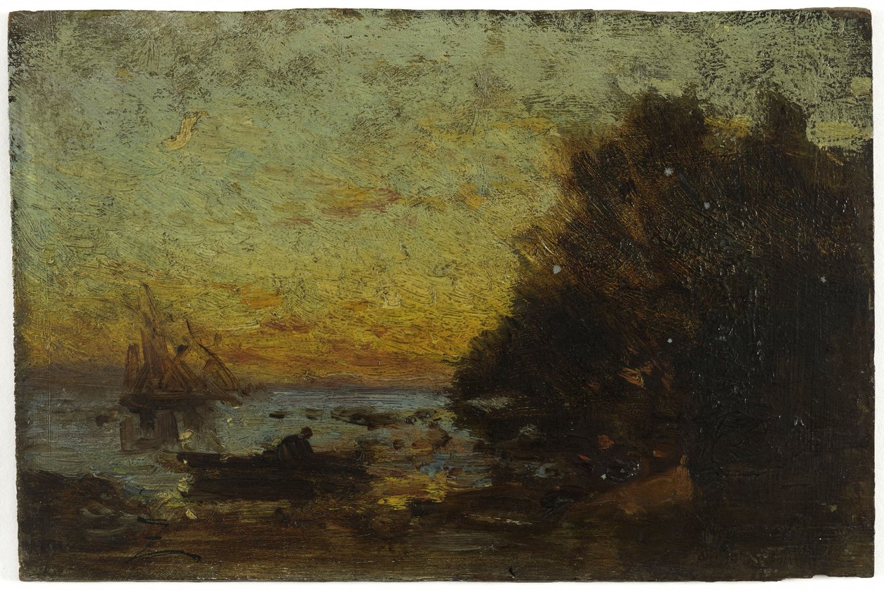 Båd og sejlbåde, solnedgang. På bagsiden: Marine, mellem 1850 og 1860 (olie på træ) af Félix Ziem