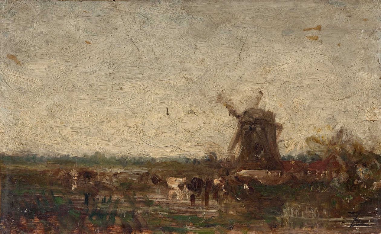 Holland, møllen, ca. 1853 (olie på papir på lærred) af Félix Ziem