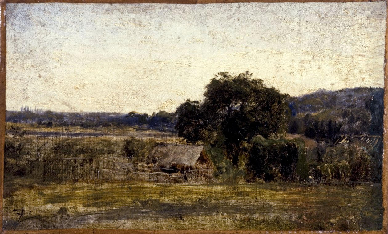 Stråtækt hytte, mellem 1850 og 1860 (olie på papir på lærred) af Félix Ziem