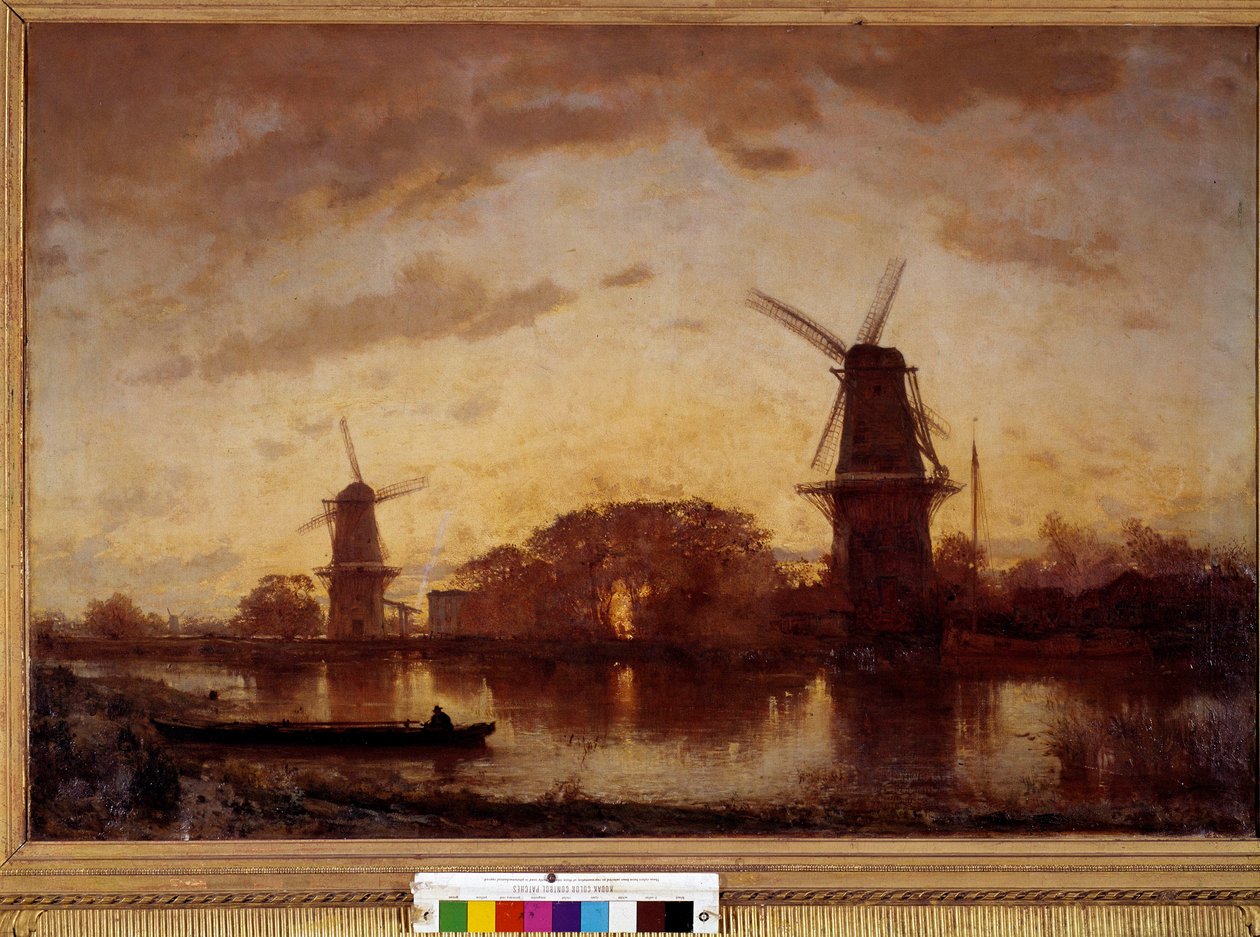 Bredden af Amstel-flodens landskab med møller i Holland. Maleri af Felix Ziem (1821-1911). 1852. Søn 1,01 X 1,50 m. Bordeaux, Museum of Fine Arts af Félix Ziem