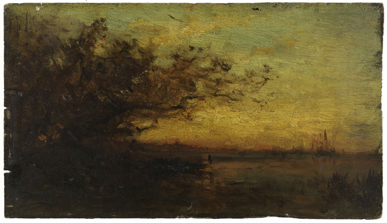 Vand, solnedgang. På bagsiden: To studier, mellem 1850 og 1860 (olie på træ) af Félix Ziem