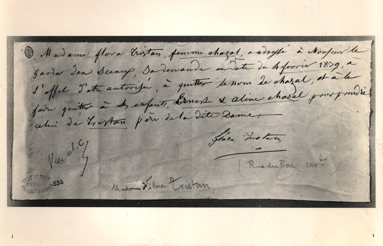 Autograferet brev fra Flora Tristan (1803-44) til den franske justitsminister med anmodning om skilsmisse, 4. februar 1839 af Flora Tristan