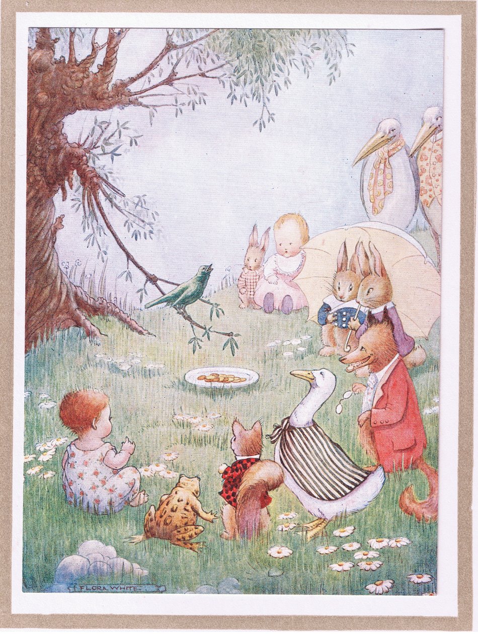 Og den sang så smukt, at indbyggerne omkring den gav den penge (farvelitografi) af Flora White