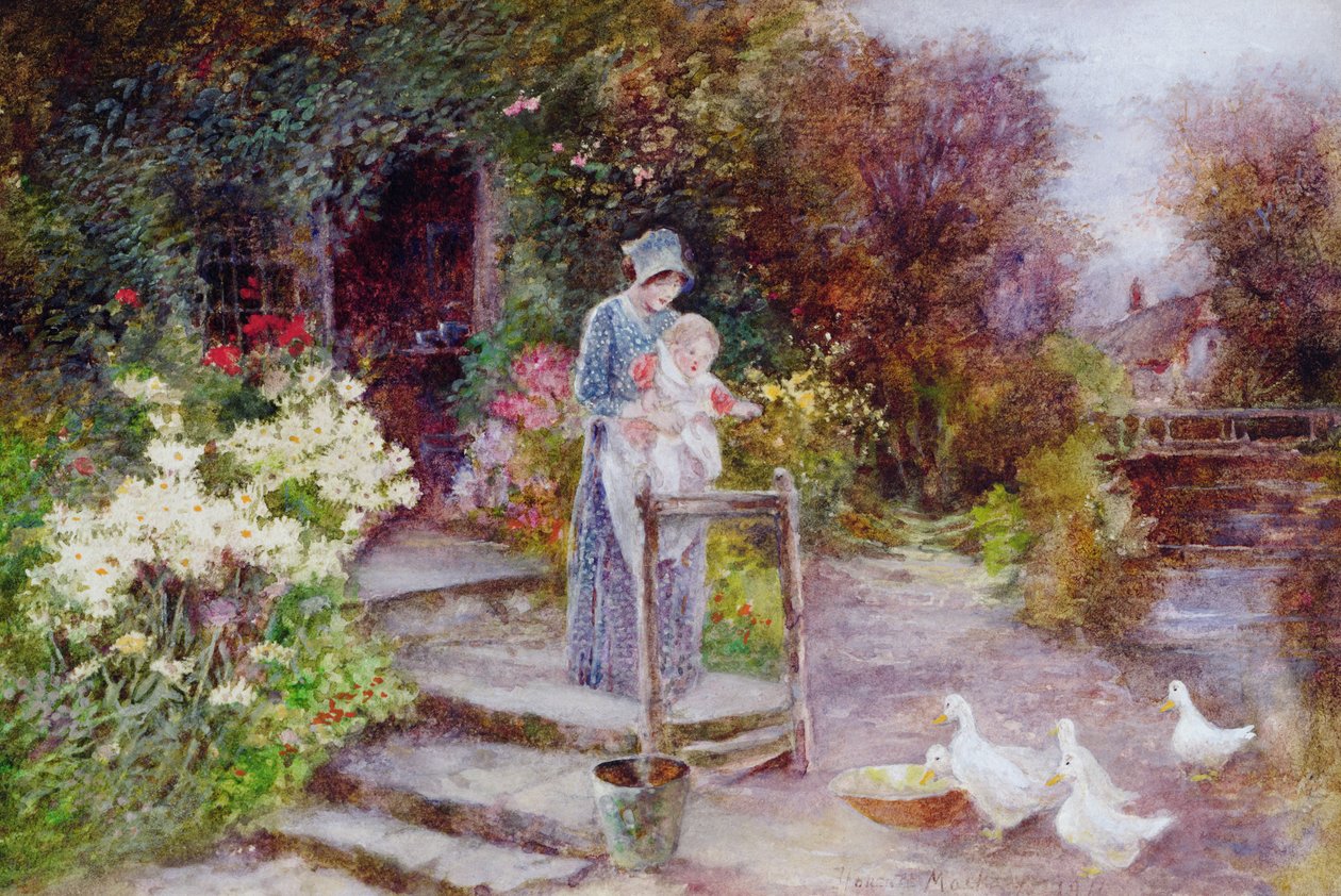 Kvinde og barn i en hyttehave af Florence Agnes Mackay