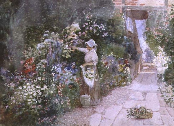 Plukke blomster (akvarel på papir) af Florence Agnes Mackay