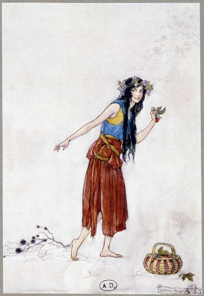 Ung pige i sneen med jordbær, "My Fairyland"" af Fiona Malcom, illustration af Florence Anderson af Florence Anderson