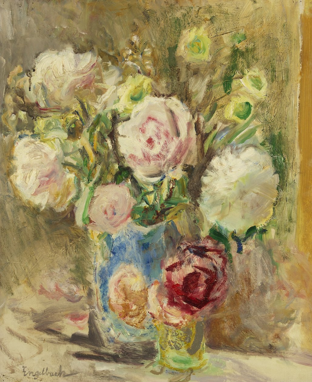 Roses and Peonies, ca. 1936 (olie på lærred) af Florence Engelbach