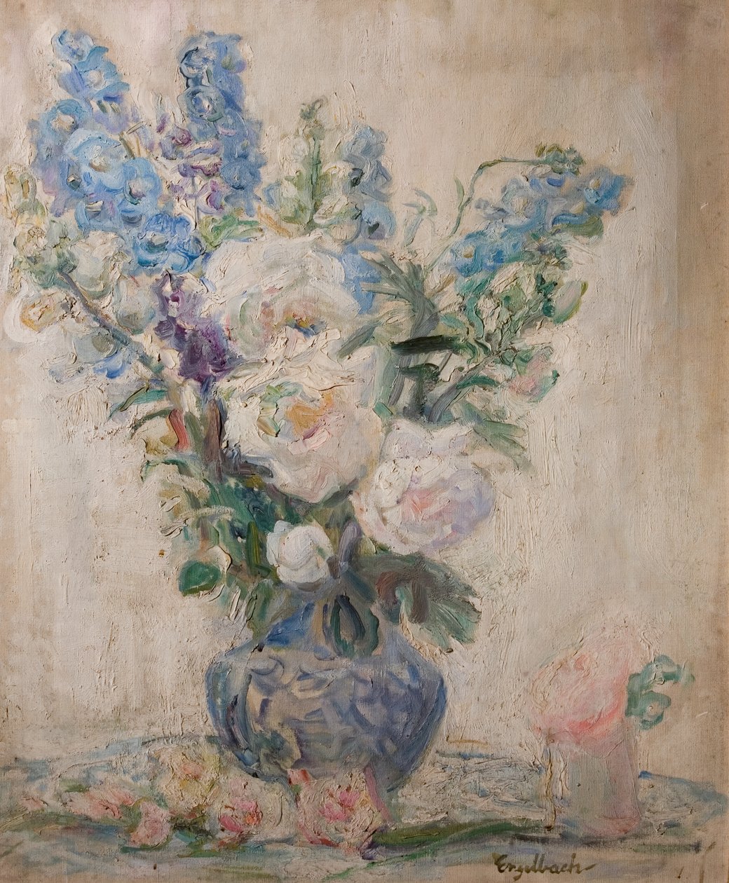 Hvide roser og delphiniums af Florence Engelbach