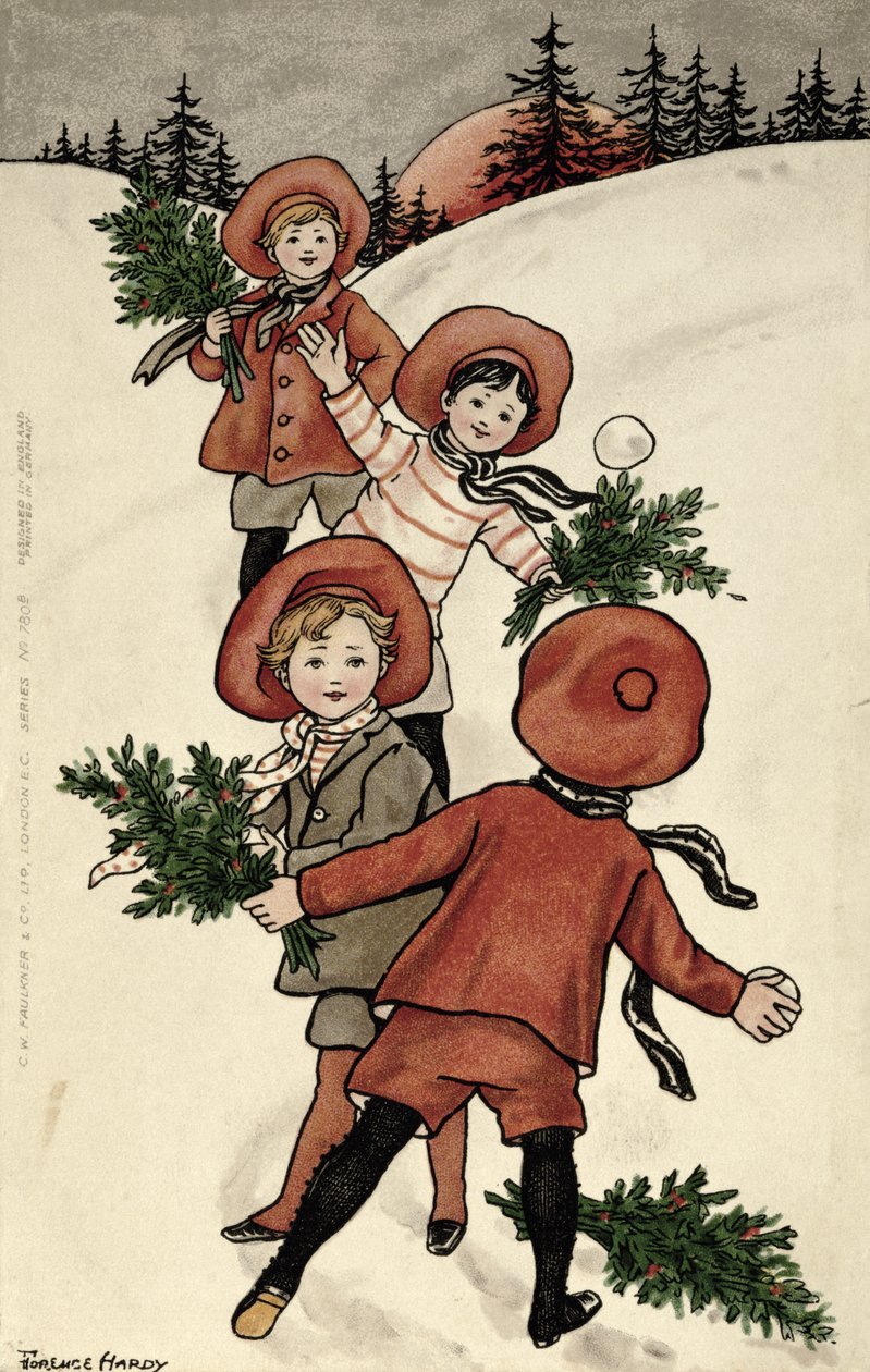 Børn med Holly, der kaster snebolde (farve litho) af Florence Hardy