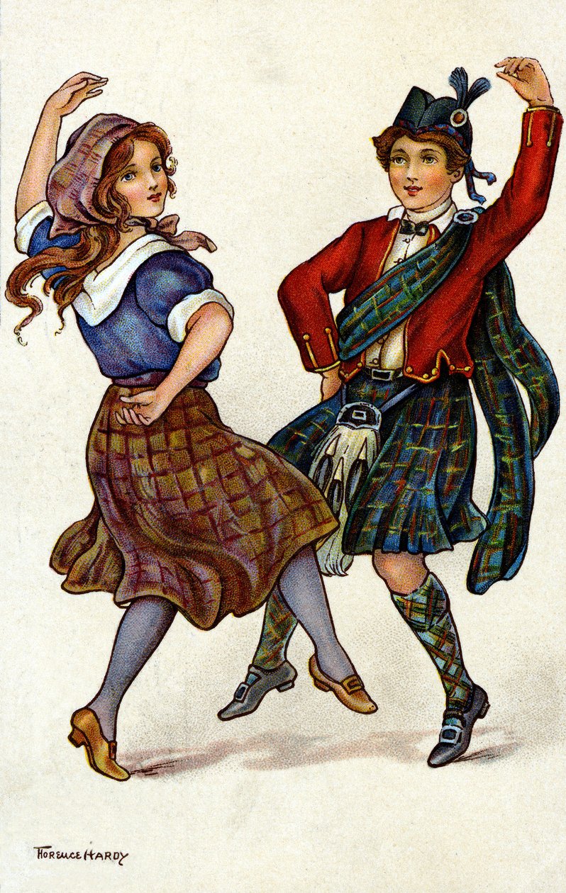 Par danser i traditionel skotsk kostume. Kromolitografi af Florence Hardy af Florence Hardy