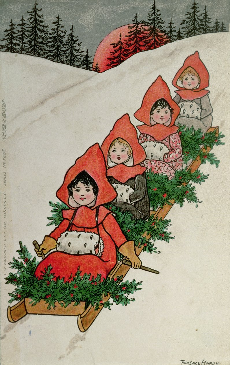 Fire små piger på en slæde (farvelitografi) af Florence Hardy