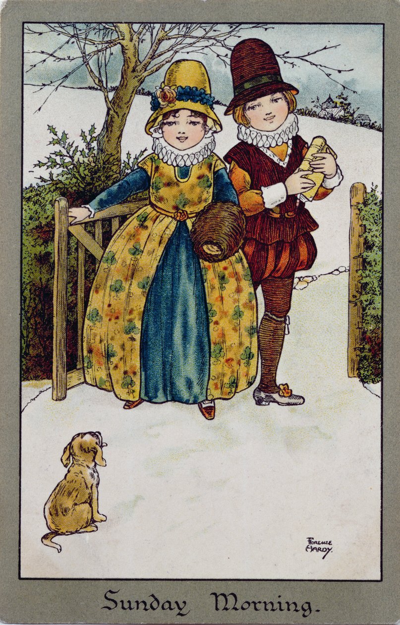 Søndag morgen, victoriansk kort (farvelitografi) af Florence Hardy