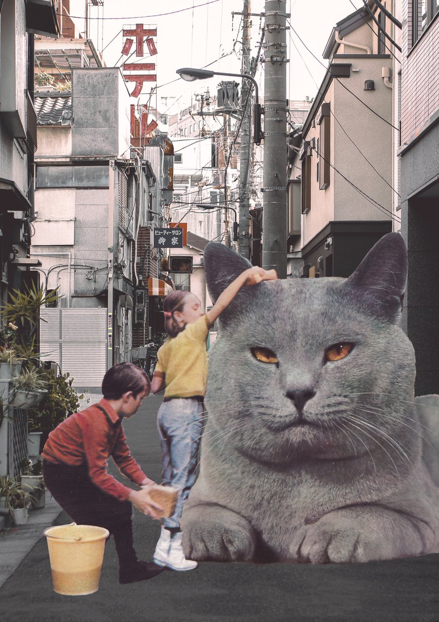 Børn vasker en kæmpe kat i Tokyos gader af Florent Bodart