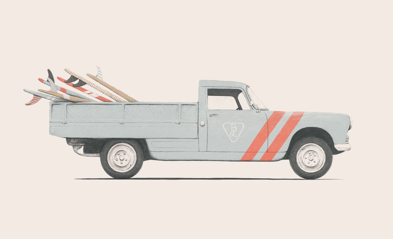 Pickup bil med surfbrætter, 2019 (blyant, digital) af Florent Bodart