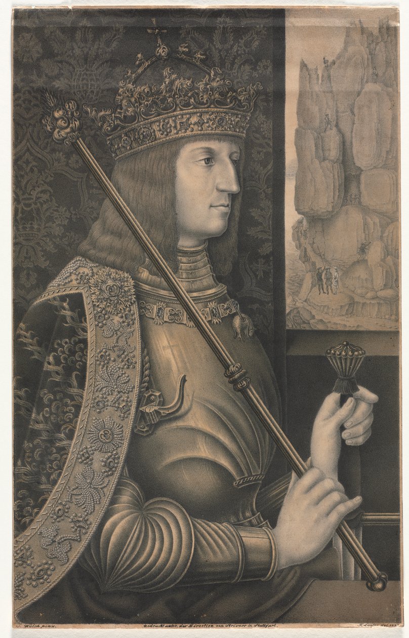 Portræt af Kaiser Maximilian I med krone og scepter af Florentin Lauter