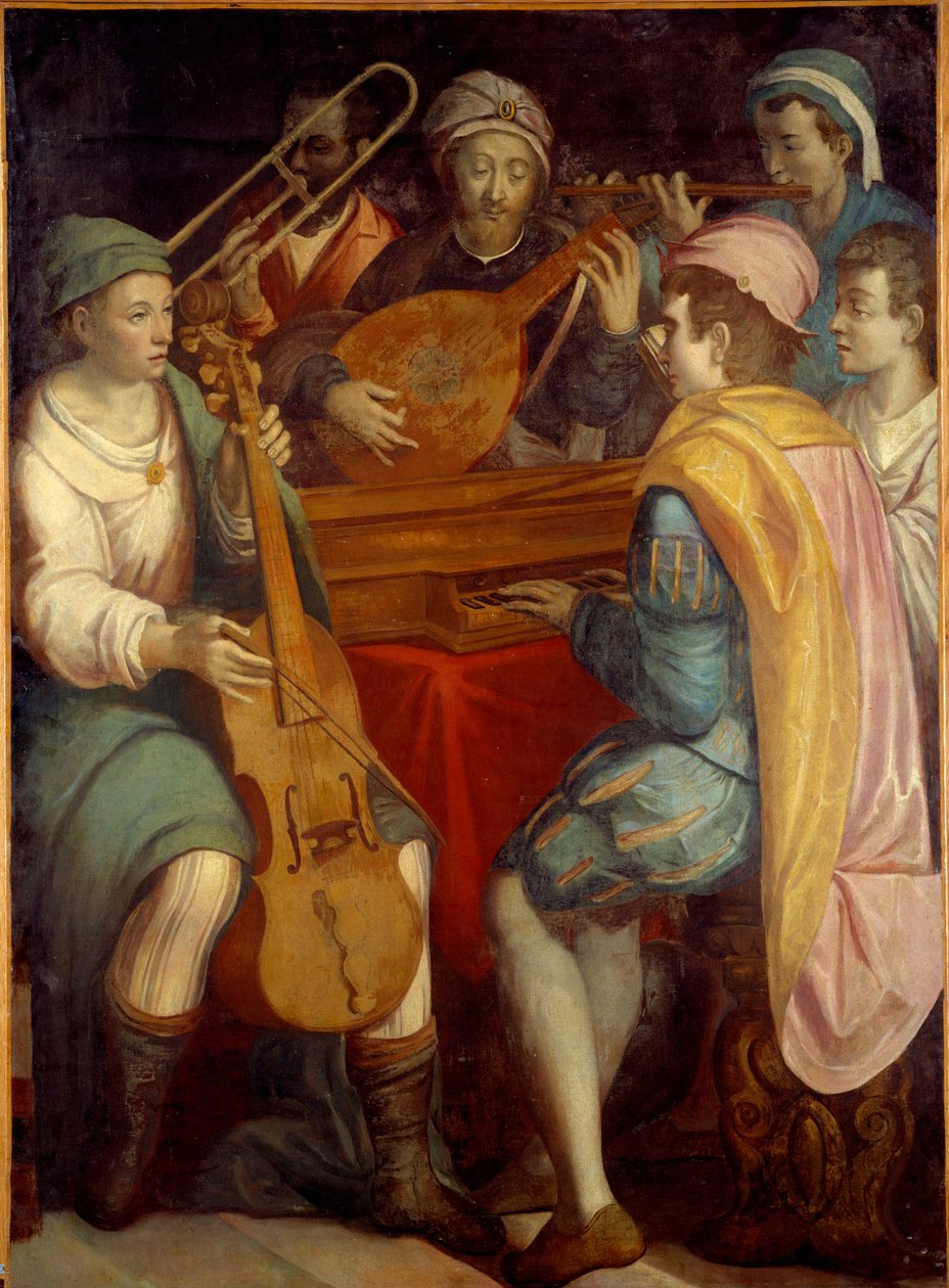 Koncert Lute musikere, epinet, trombone og viola de gamba. Anonymt maleri af den florentinske skole 1550-1600. Søn 1,8x1,3 m af Florentine School
