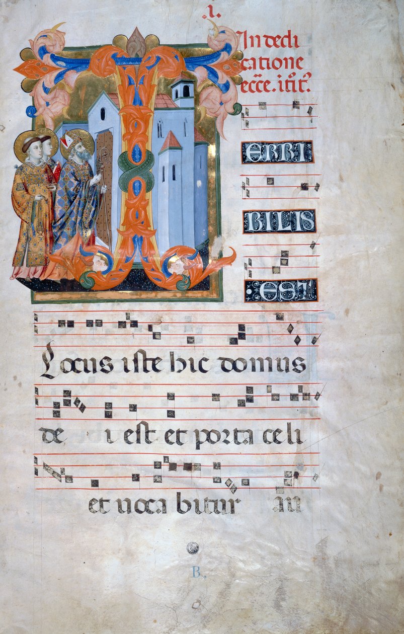 Oplyst initial med en biskop, der velsigner en kirke (Corale 2, ca. 1), til korbog 2 af Santa Maria degli Angeli af Florentine School