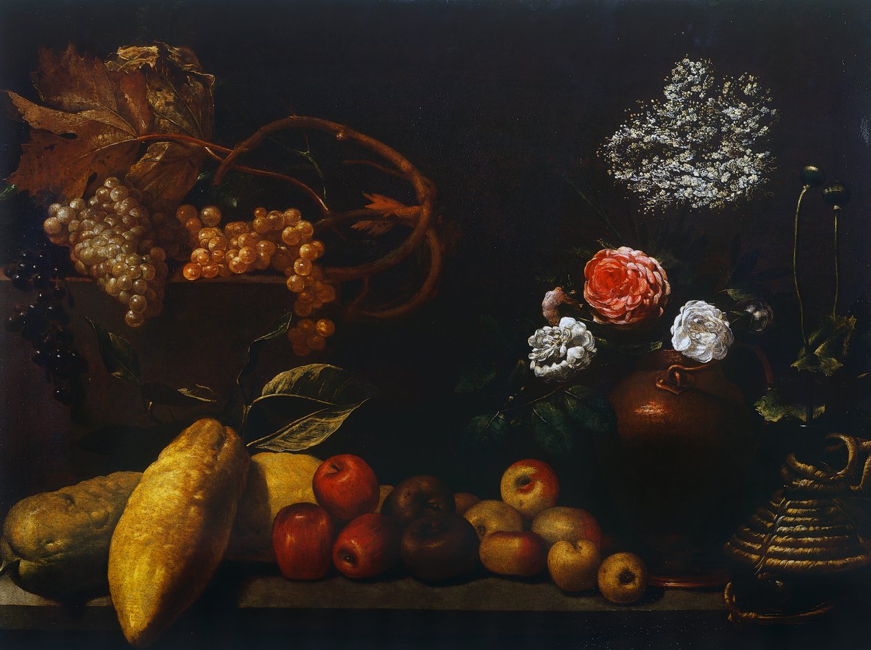 Stilleben med kande af kobber, roser, druer, hyldeblomster, citrus og æbler, af ukendt kunstner fra Firenze, Italien af Florentine School